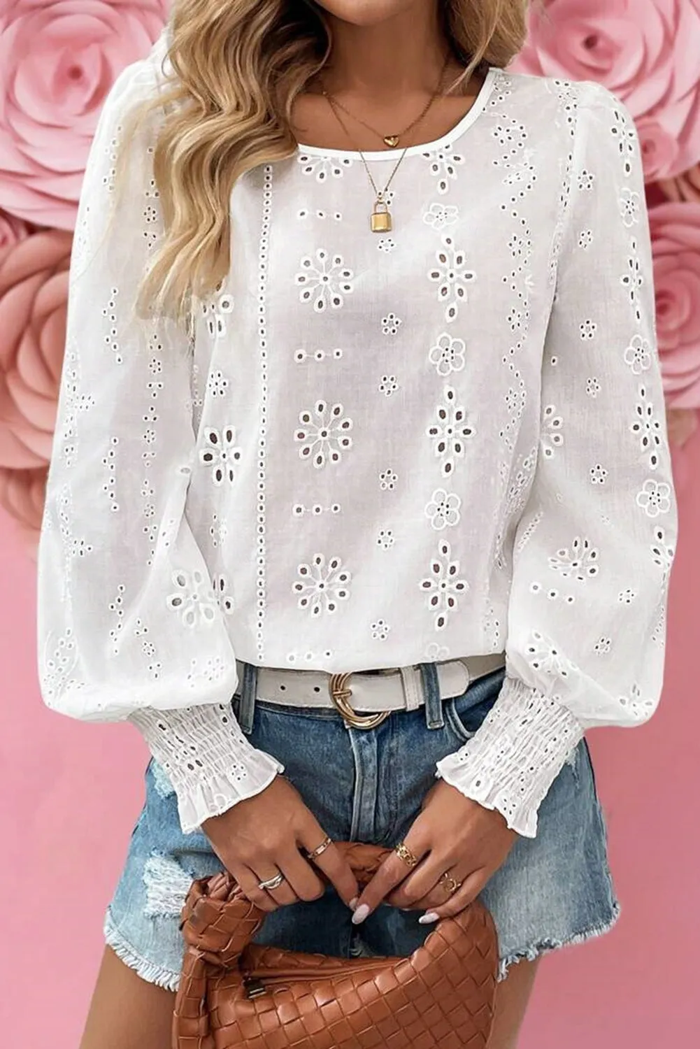 White Eyelet Embroidered Smocked Cuff Sheer Blouse sold by Beagle Boutique