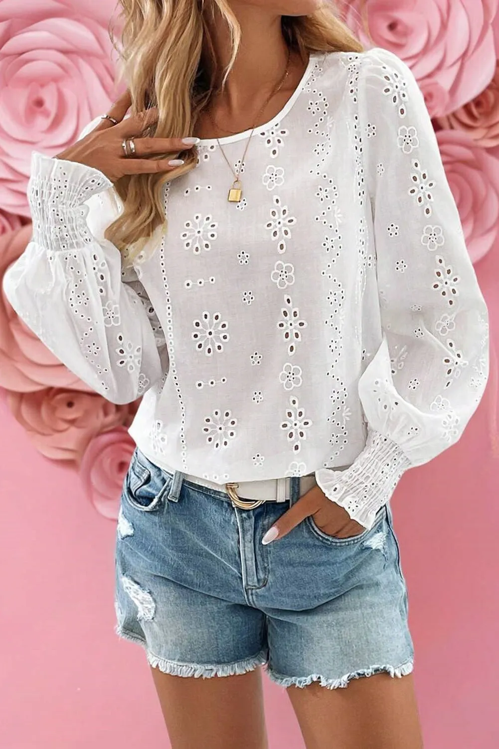 White Eyelet Embroidered Smocked Cuff Sheer Blouse sold by Beagle Boutique product image thumbnail 5
