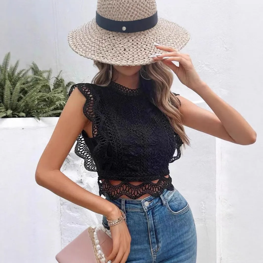 Hollowed Out Geometric Pattern Sleeveless Blouse Lace Detail Crop Top sold by Beagle Boutique product image thumbnail 4