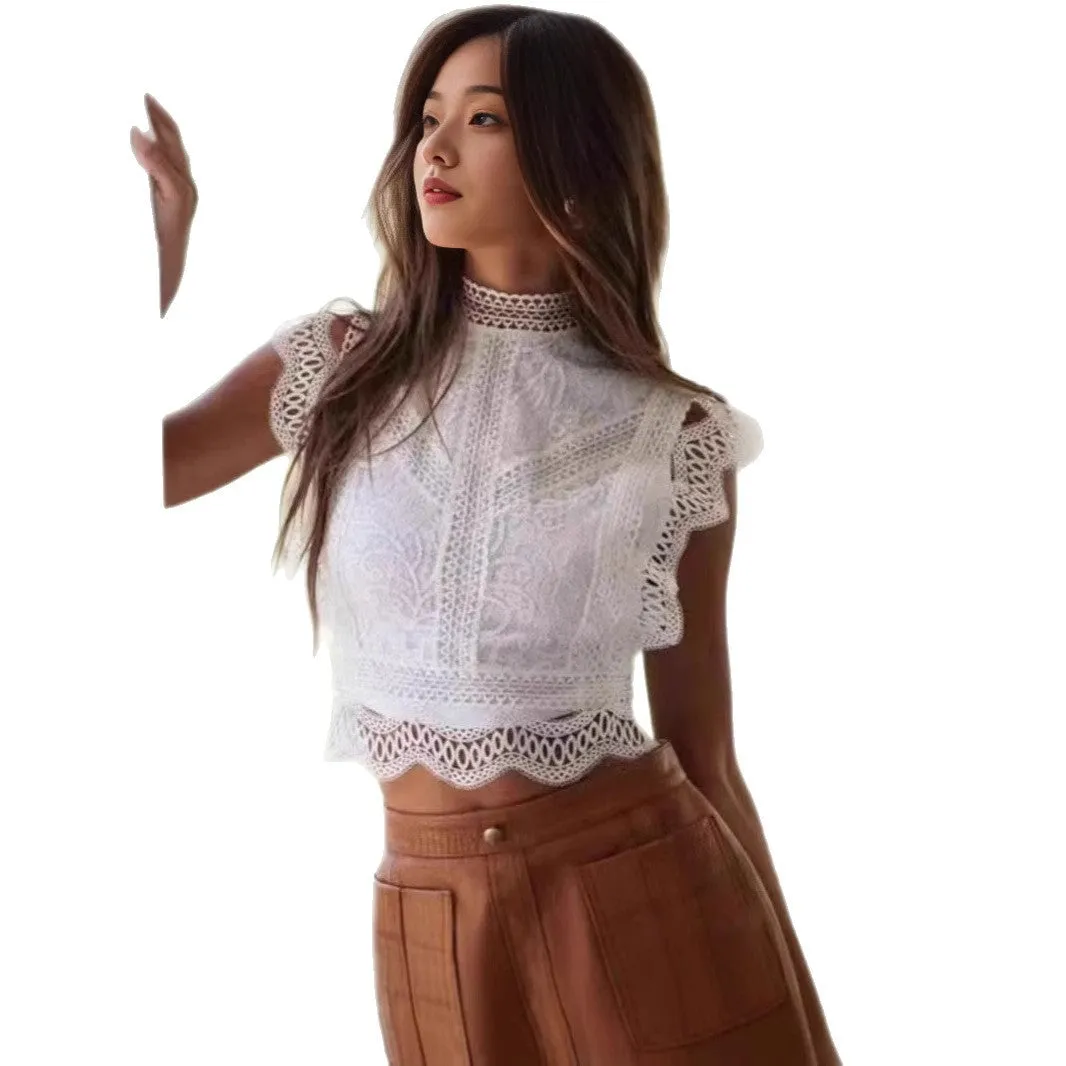 Hollowed Out Geometric Pattern Sleeveless Blouse Lace Detail Crop Top sold by Beagle Boutique product image thumbnail 5