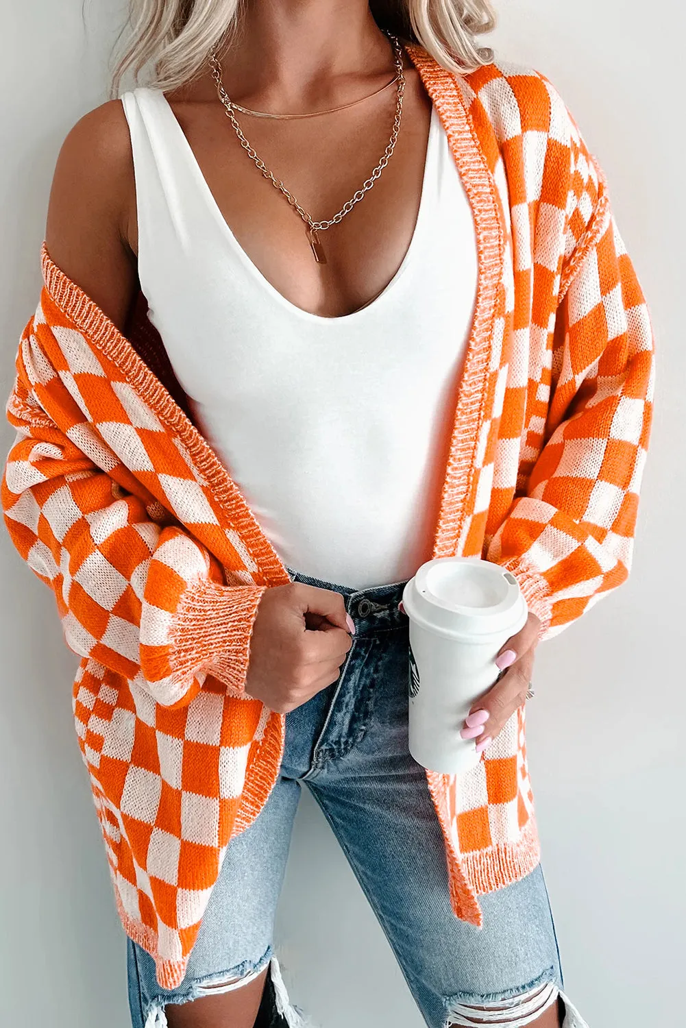 Orange Checkered Open Front Drop Shoulder Cardigan sold by Beagle Boutique product image thumbnail 3