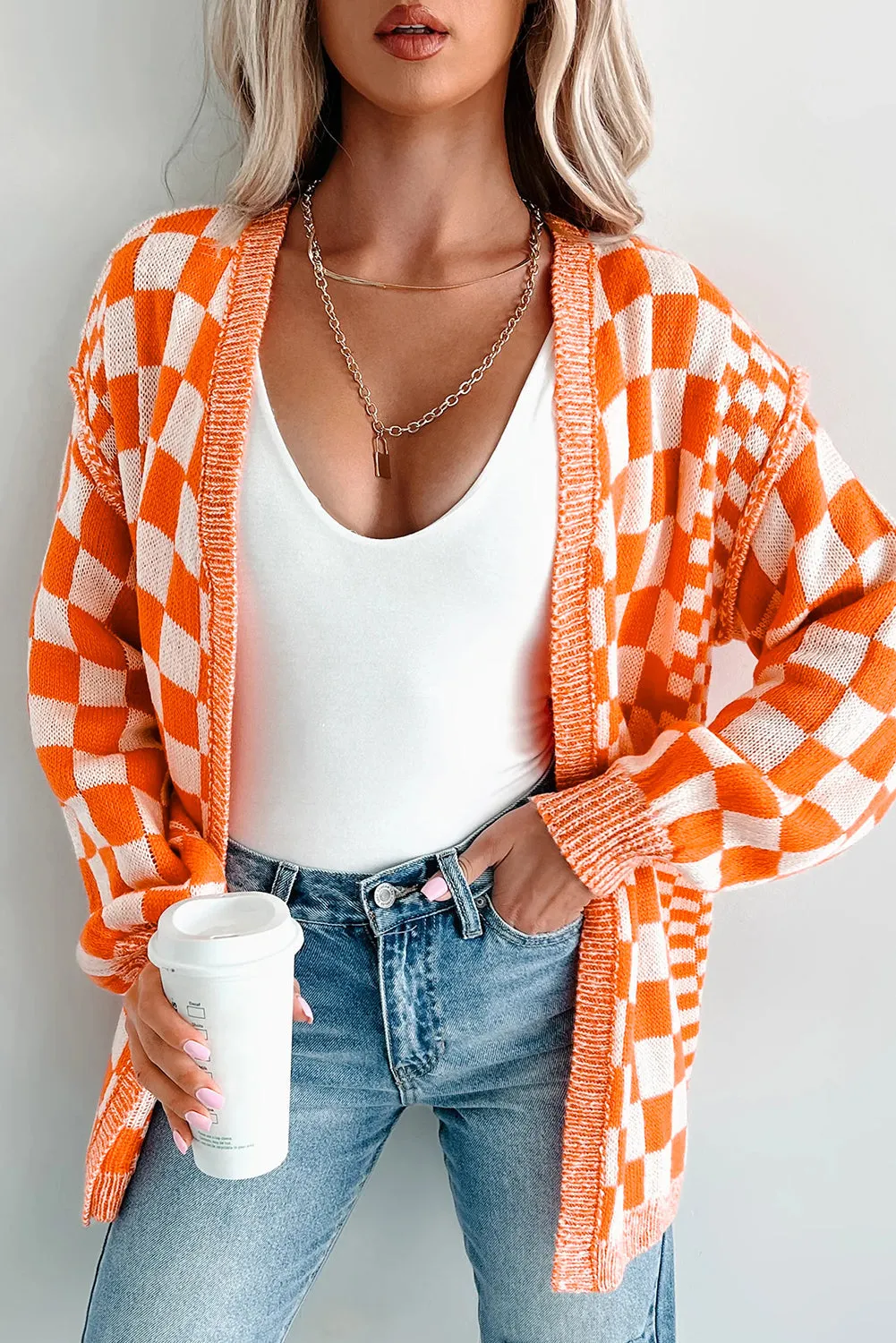 Orange Checkered Open Front Drop Shoulder Cardigan sold by Beagle Boutique