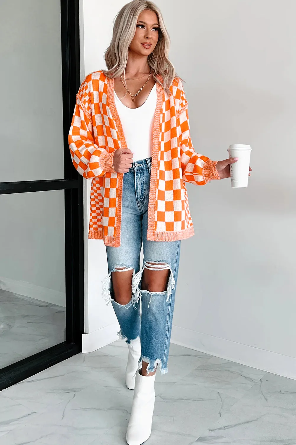 Orange Checkered Open Front Drop Shoulder Cardigan sold by Beagle Boutique product image thumbnail 5