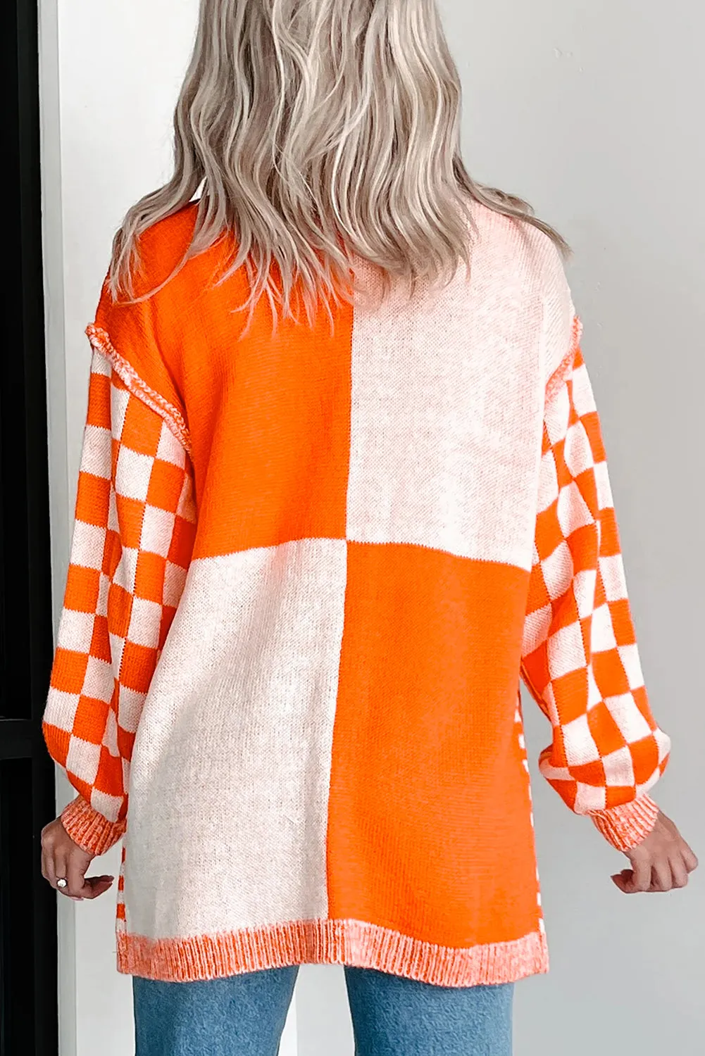 Orange Checkered Open Front Drop Shoulder Cardigan sold by Beagle Boutique product image thumbnail 2