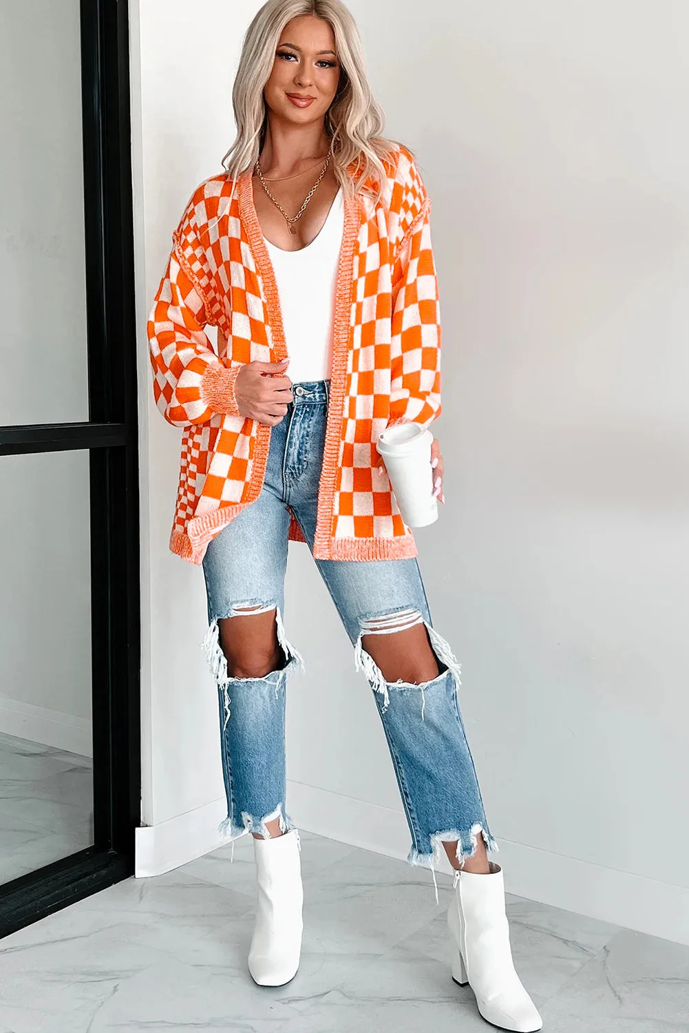 Orange Checkered Open Front Drop Shoulder Cardigan sold by Beagle Boutique product image thumbnail 4