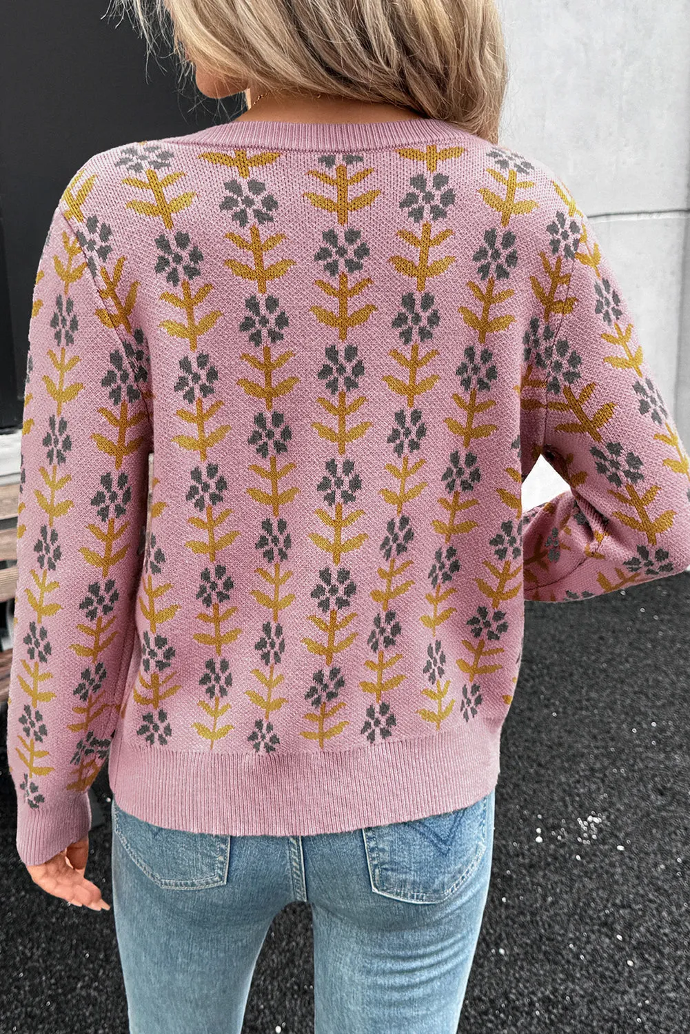 Pink Floral Button Down Ribbed Banded Cardigan Sweater sold by Beagle Boutique product image thumbnail 2