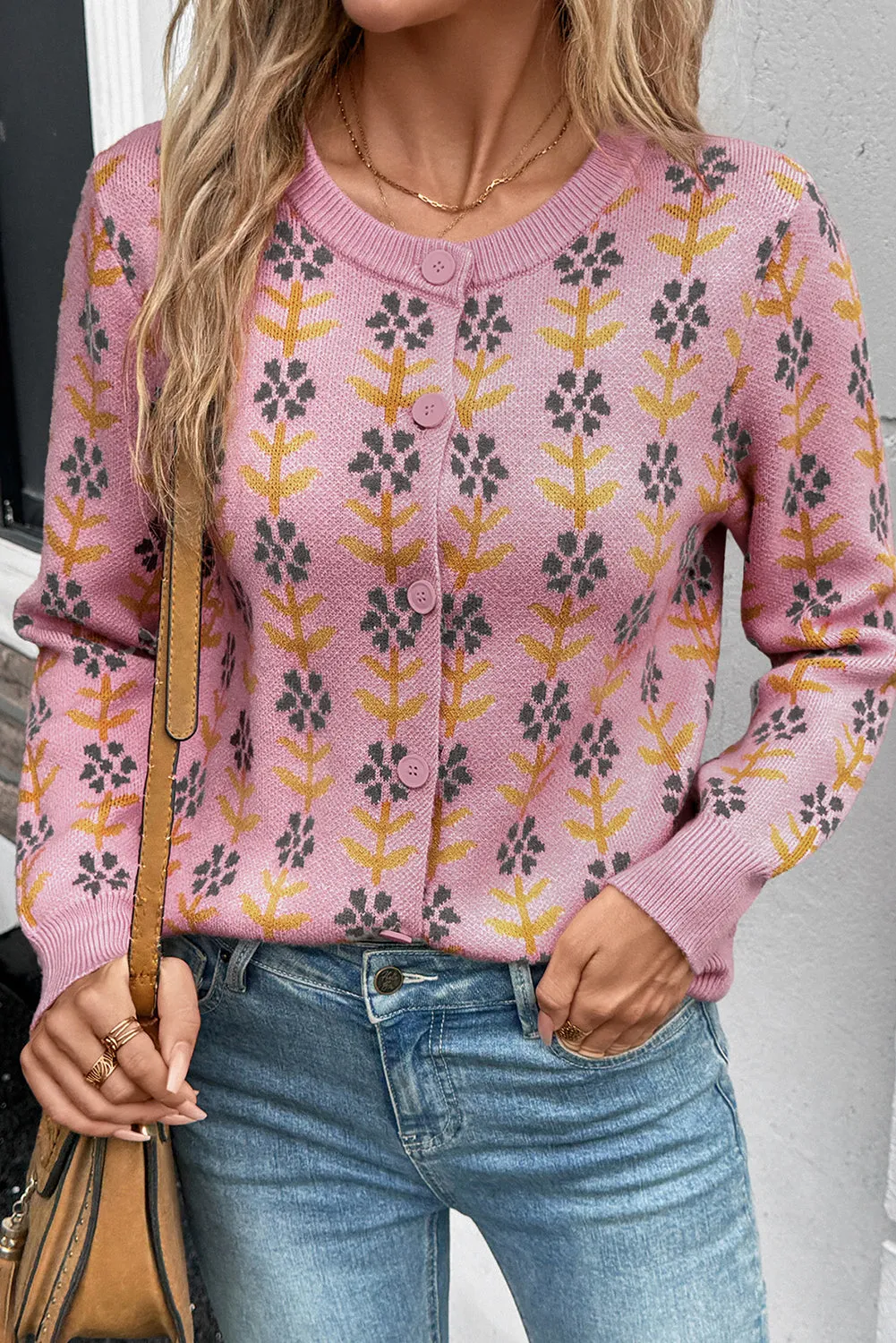 Pink Floral Button Down Ribbed Banded Cardigan Sweater sold by Beagle Boutique