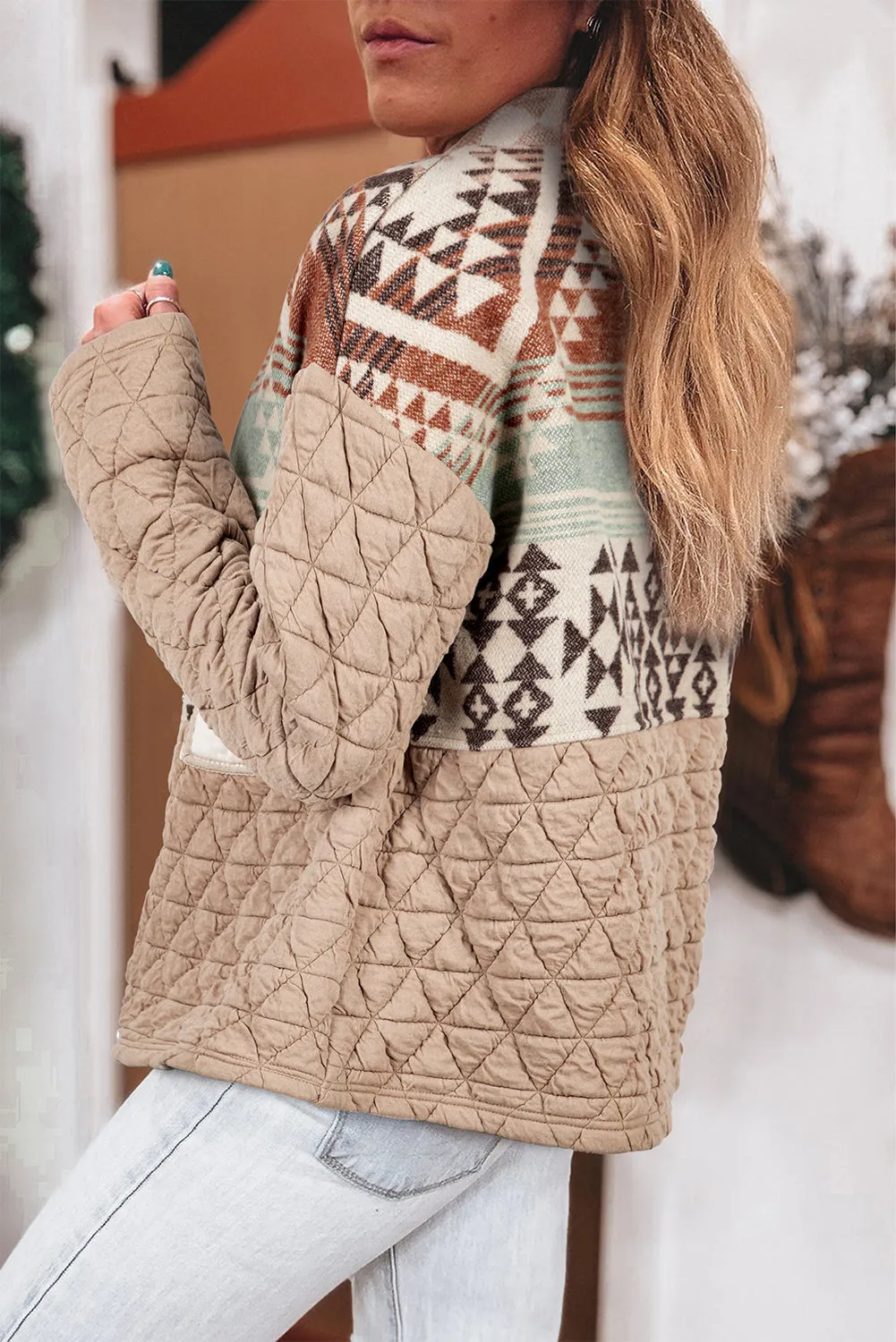 Beige Aztec Quilted Patchwork Western Fashion Jacket sold by Beagle Boutique product image thumbnail 2