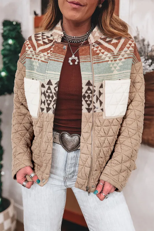Beige Aztec Quilted Patchwork Western Fashion Jacket sold by Beagle Boutique