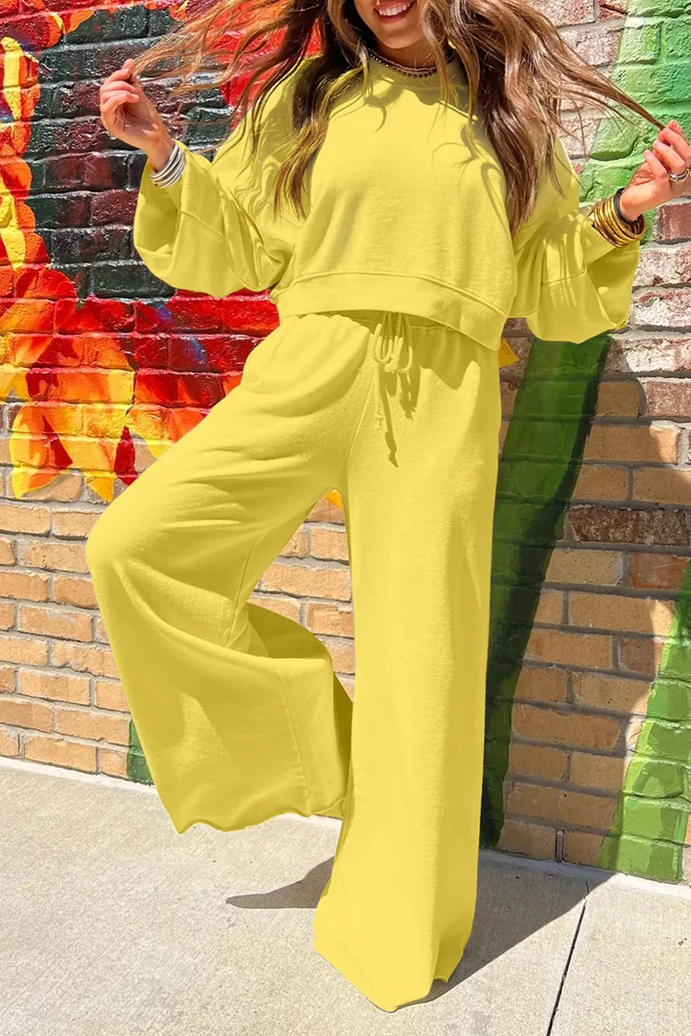 Drop Shoulder Puff Sleeve Crop Pullover and Drawstring Wide Leg Trousers Co-ord Set sold by Beagle Boutique