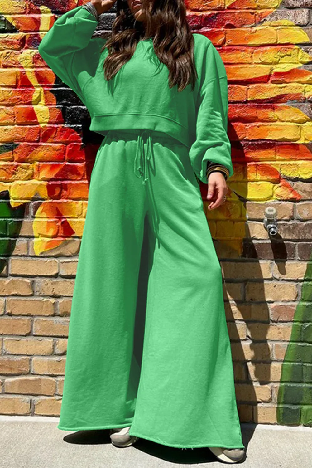Drop Shoulder Puff Sleeve Crop Pullover and Drawstring Wide Leg Trousers Co-ord Set sold by Beagle Boutique product image thumbnail 4