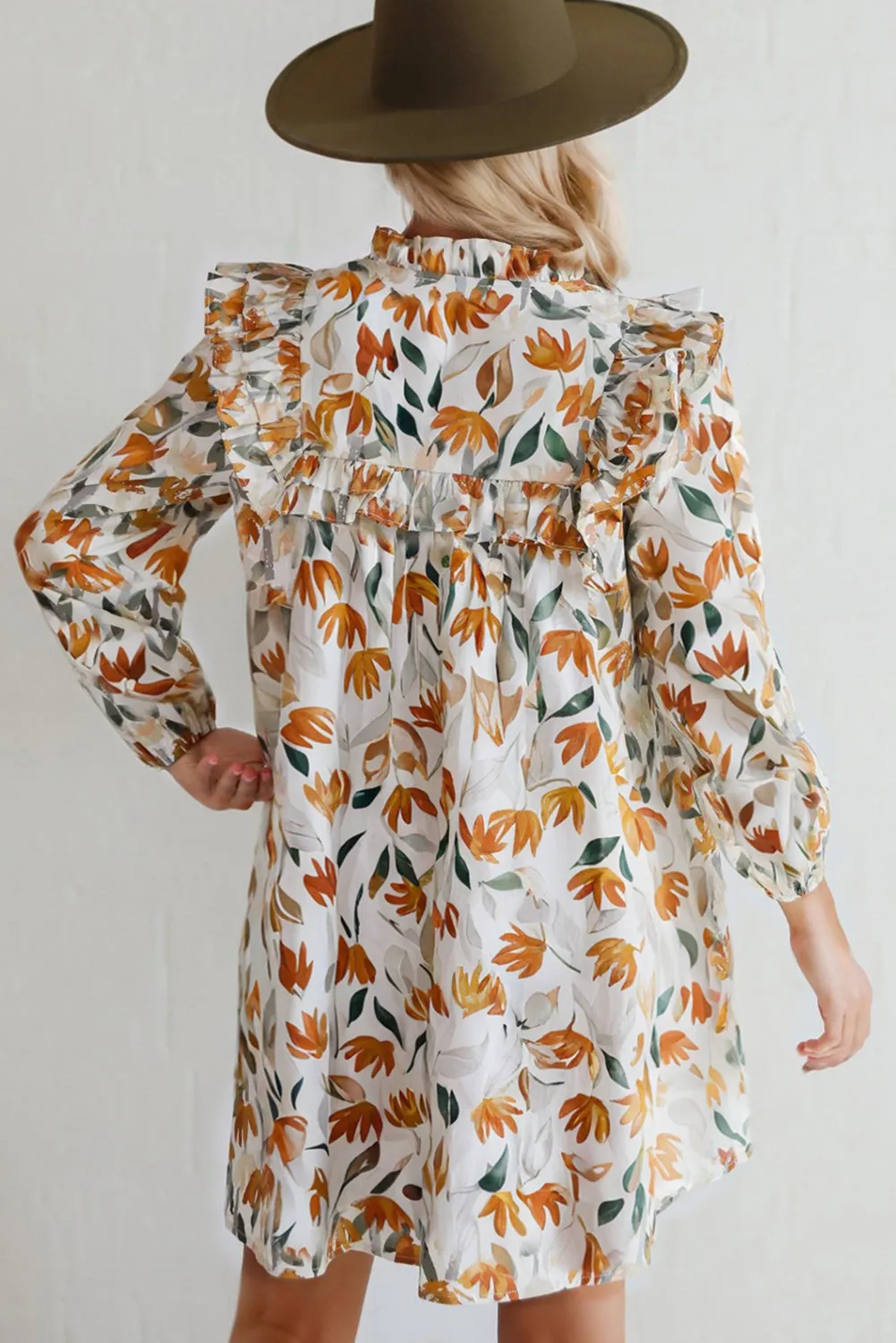 Floral Print Tie Neck Frilled Detail Long Sleeve Mini Dress sold by Beagle Boutique product image thumbnail 2