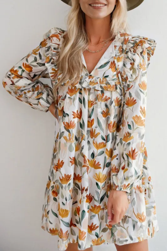 Yellow Floral Print Tie Neck Frilled Detail Long Sleeve Mini Dress sold by Beagle Boutique