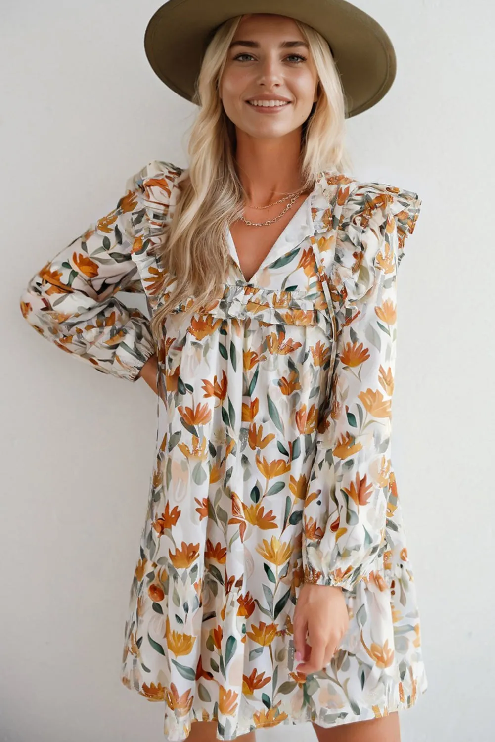 Floral Print Tie Neck Frilled Detail Long Sleeve Mini Dress sold by Beagle Boutique product image thumbnail 3