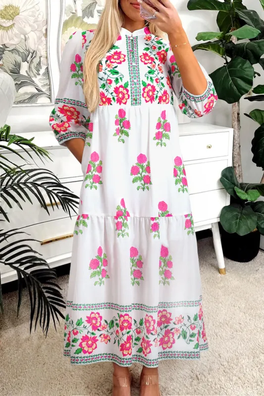 White Floral Print Half Button Mandarin Neck 3/4 Sleeve Maxi Dress sold by Beagle Boutique