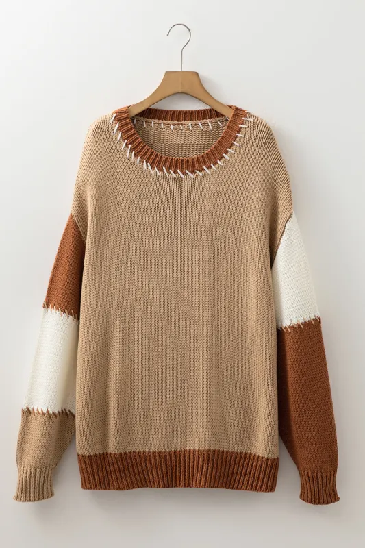 Light French Beige Contrast Stitch Detail Knit Plus Size Sweater sold by Beagle Boutique
