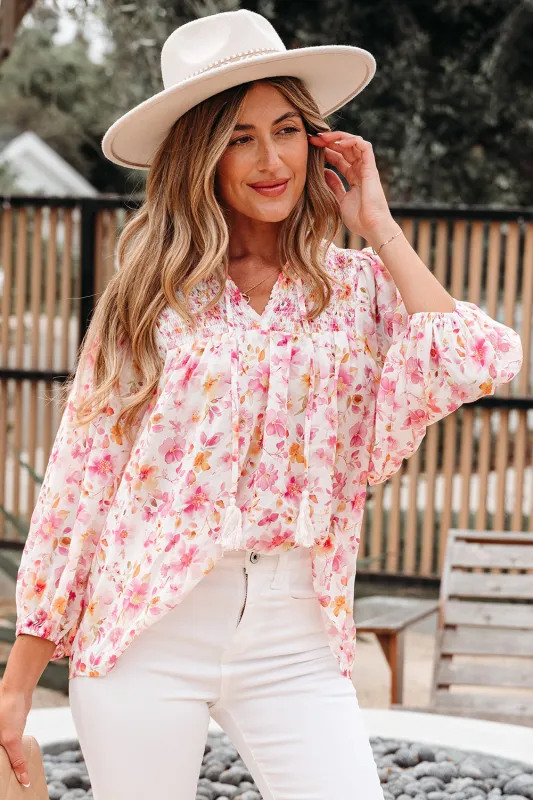 Pink Floral Print Tassel Tie Smocked V Neck Puff Sleeve Tunic Blouse sold by Beagle Boutique