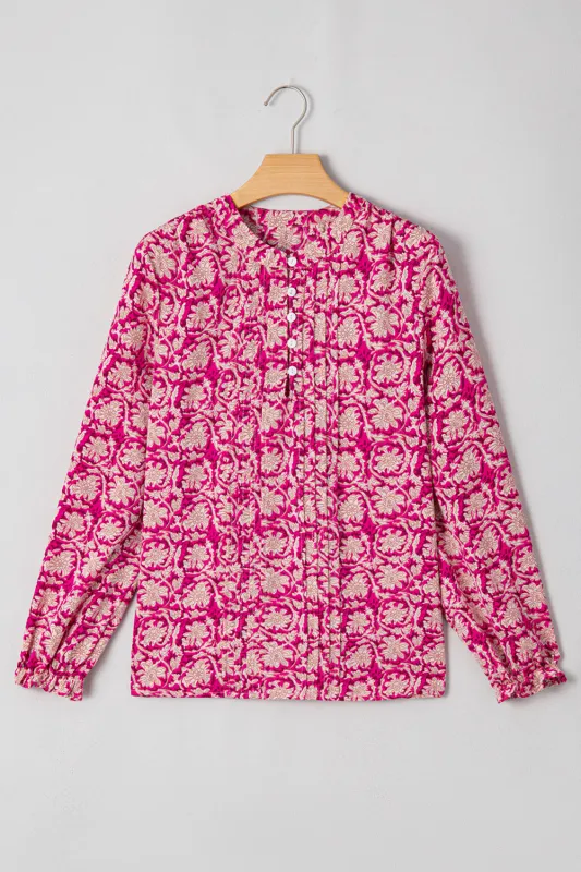 Pink Floral Print Split Neck Pleated Puff Sleeve Blouse sold by Beagle Boutique
