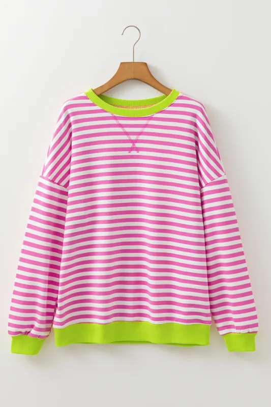Striped Contrast Ribbed Trim Crossed Stitch Drop Shoulder Sweatshirt sold by Beagle Boutique