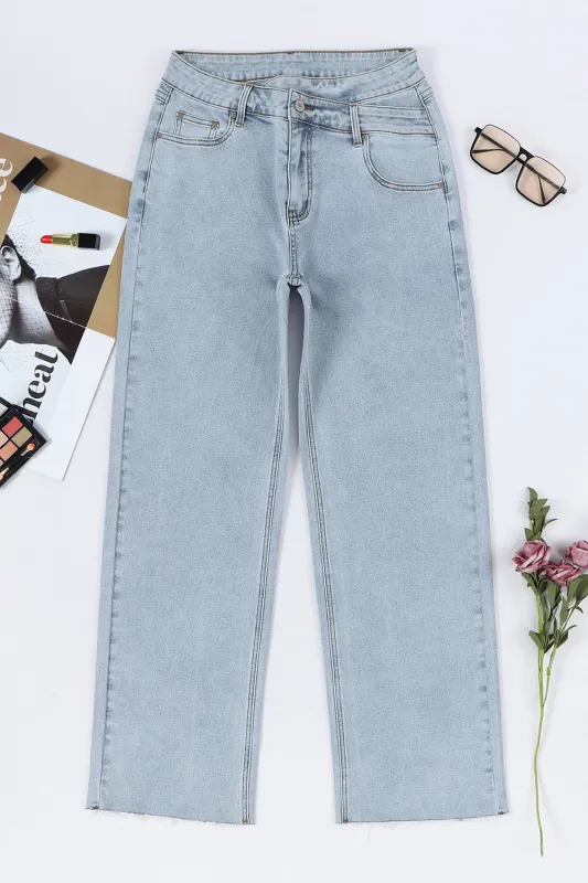 Sky Blue Mid Rise Asymmetrical Waist Wide Leg Jeans sold by Beagle Boutique