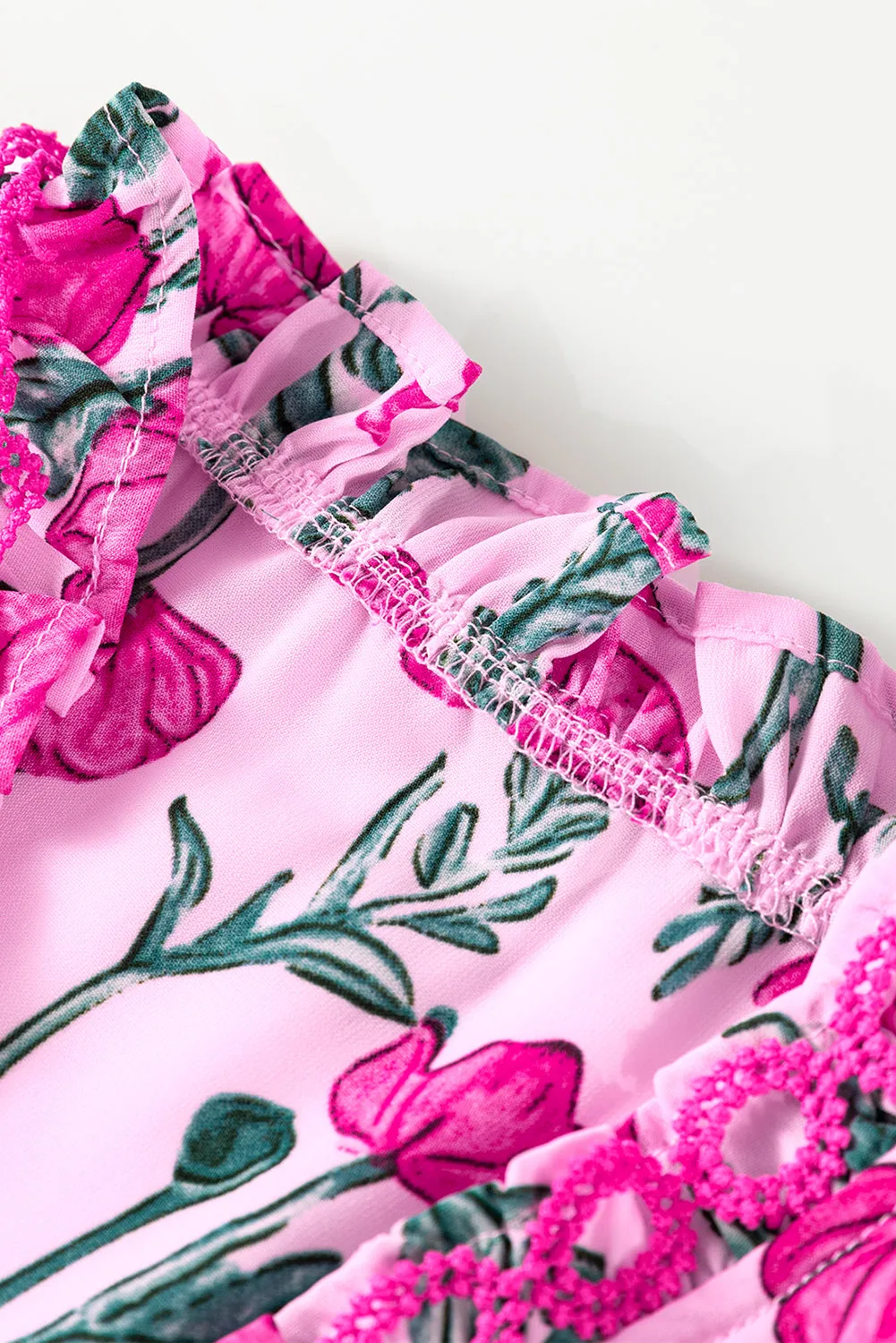 Pink Floral Lace Detail Frilled V Neck Summer Blouse sold by Beagle Boutique product image thumbnail 3
