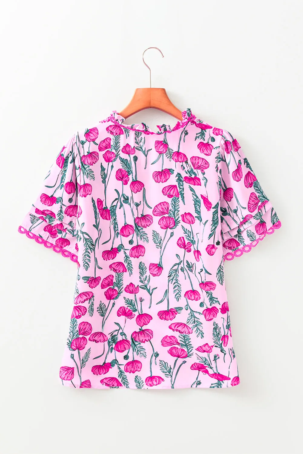 Pink Floral Lace Detail Frilled V Neck Summer Blouse sold by Beagle Boutique product image thumbnail 2