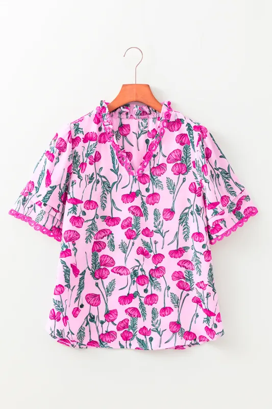 Pink Floral Lace Detail Frilled V Neck Summer Blouse sold by Beagle Boutique