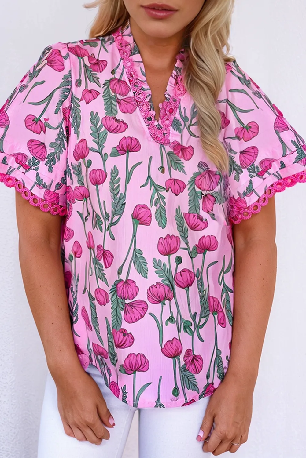 Pink Floral Lace Detail Frilled V Neck Summer Blouse sold by Beagle Boutique product image thumbnail 5