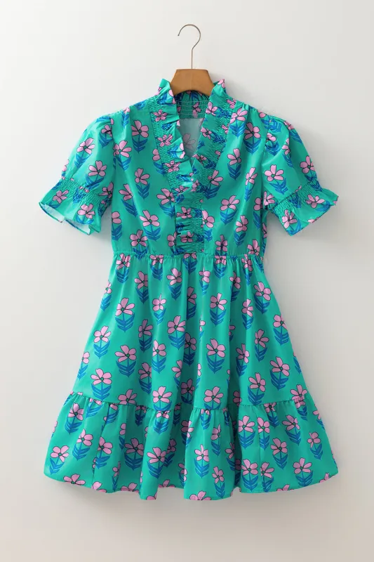 Green Floral Print Frilly Smocked Detail Mini Dress sold by Beagle Boutique