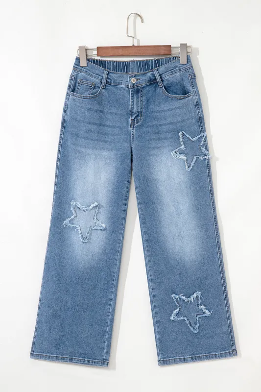 Stone Blue Star Patchwork Cropped Wide Leg High Waist Jeans sold by Beagle Boutique