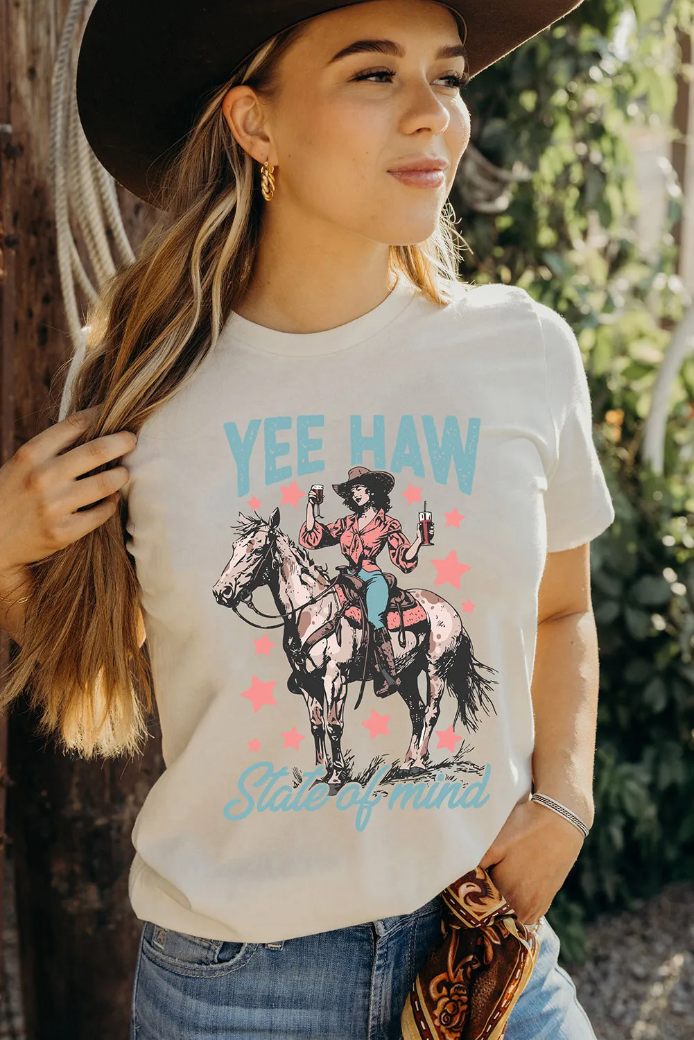White YEE HAW State of mind Cowgirl Graphic Western Fashion Tee sold by Beagle Boutique product image thumbnail 2