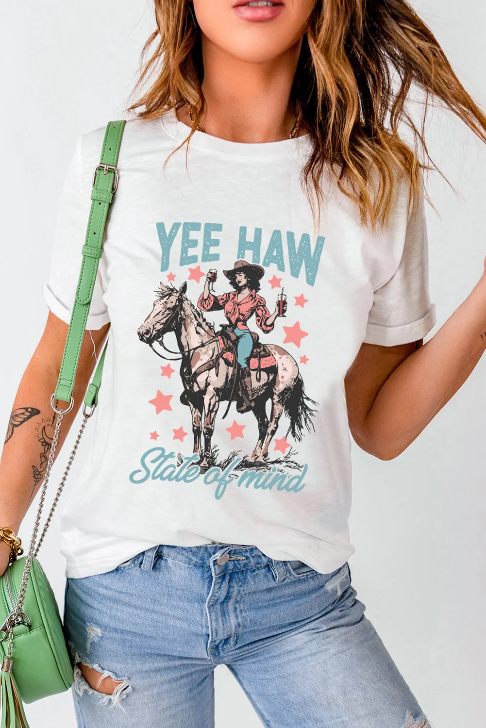 White YEE HAW State of mind Cowgirl Graphic Western Fashion Tee sold by Beagle Boutique product image thumbnail 4