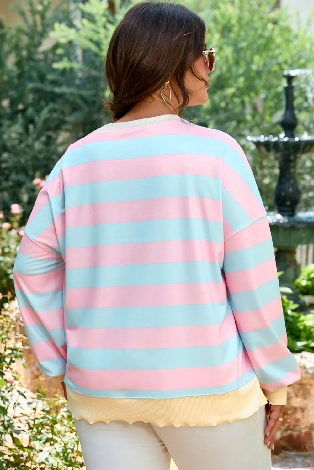 Sky Blue Stripe Drop Shoulder Crewneck Plus Size Sweatshirt sold by Beagle Boutique product image thumbnail 5