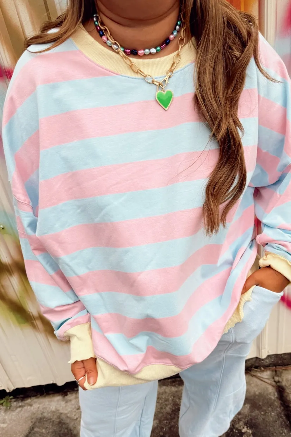 Sky Blue Stripe Drop Shoulder Crewneck Plus Size Sweatshirt sold by Beagle Boutique product image thumbnail 3