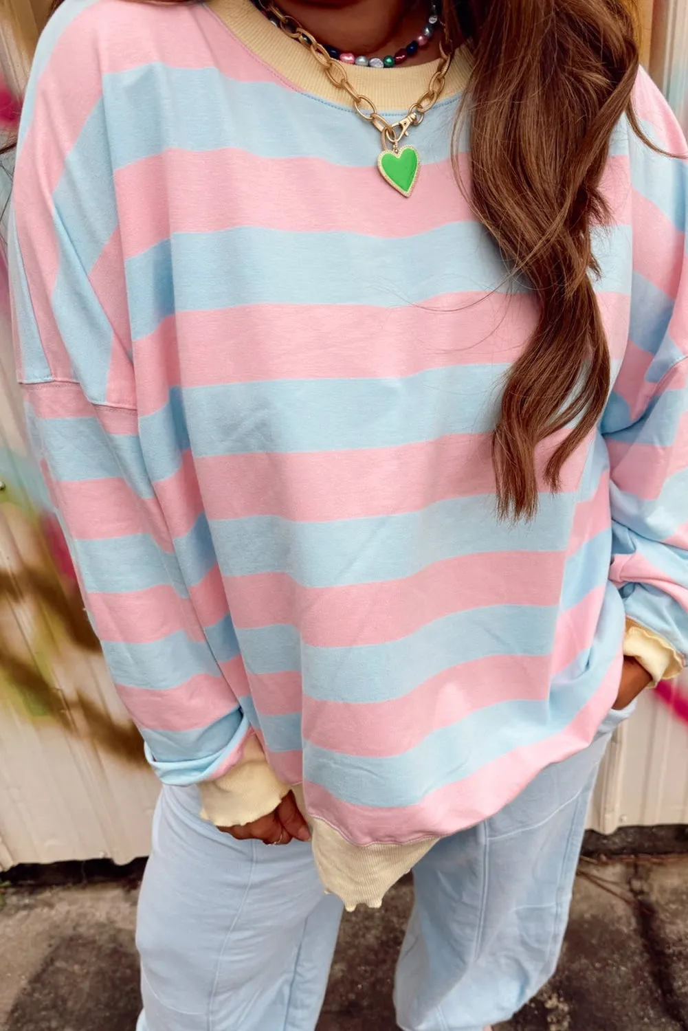 Sky Blue Stripe Drop Shoulder Crewneck Plus Size Sweatshirt sold by Beagle Boutique product image thumbnail 2