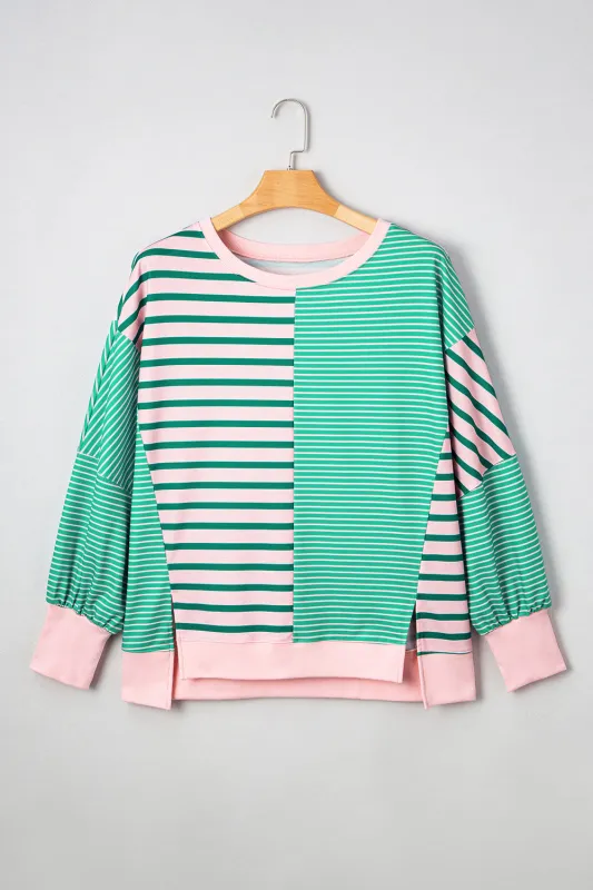 Green Stripe Colour Block Exposed Seam Side Slit Plus Size Sweatshirt sold by Beagle Boutique