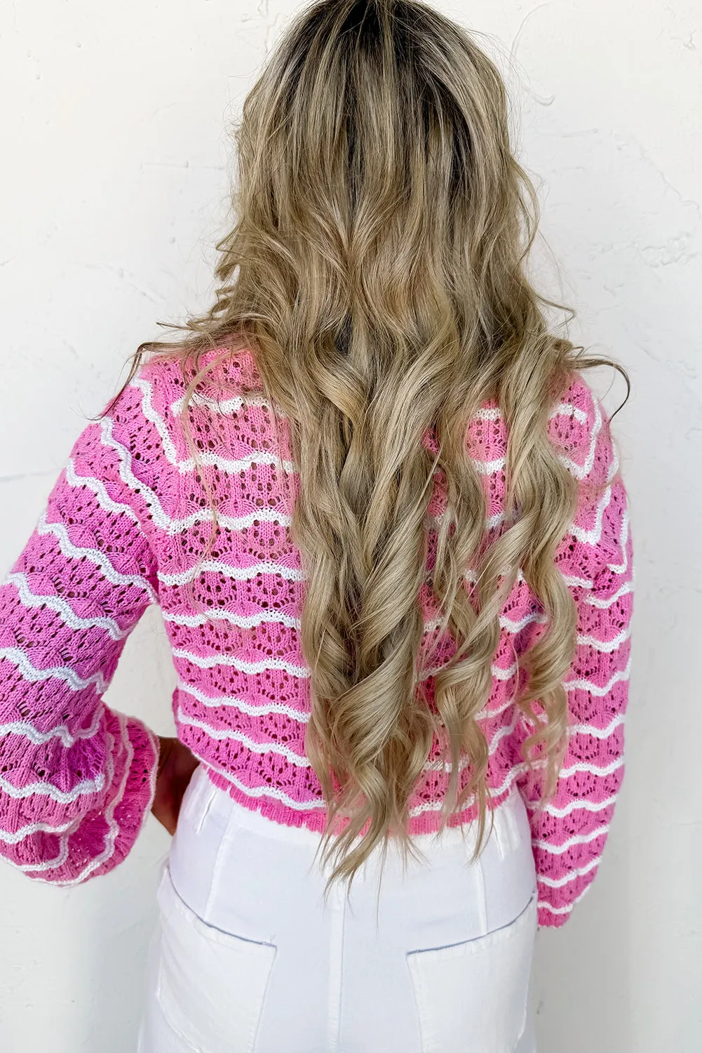 Pink Stripe Crochet Scalloped Trim Lace-up Front Cropped Cardigan sold by Beagle Boutique product image thumbnail 2