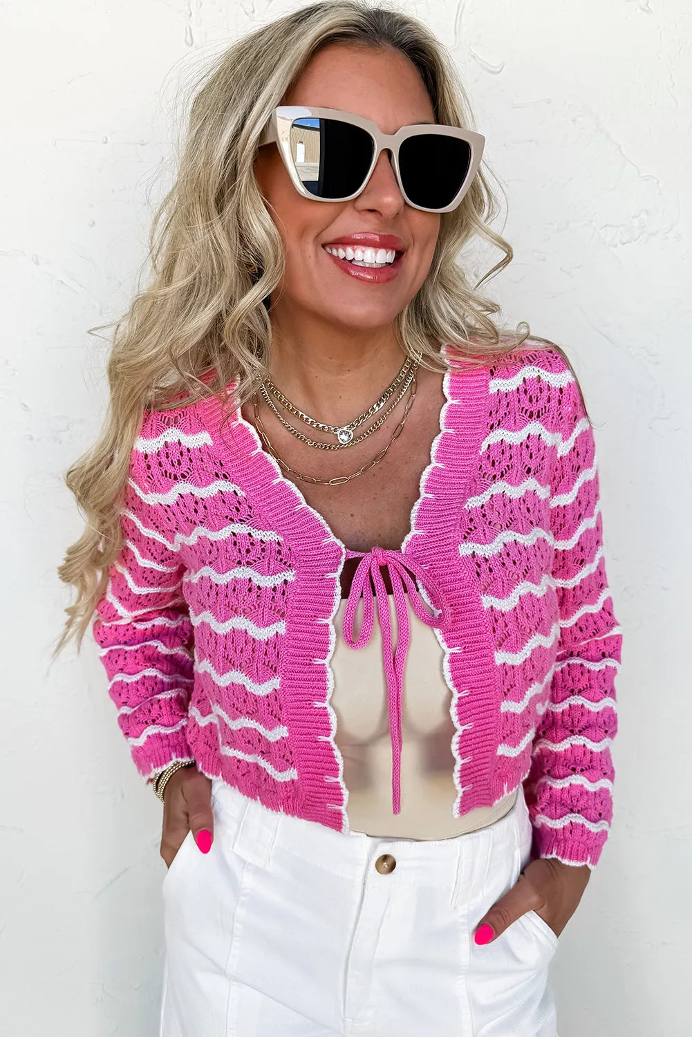 Pink Stripe Crochet Scalloped Trim Lace-up Front Cropped Cardigan sold by Beagle Boutique product image thumbnail 5