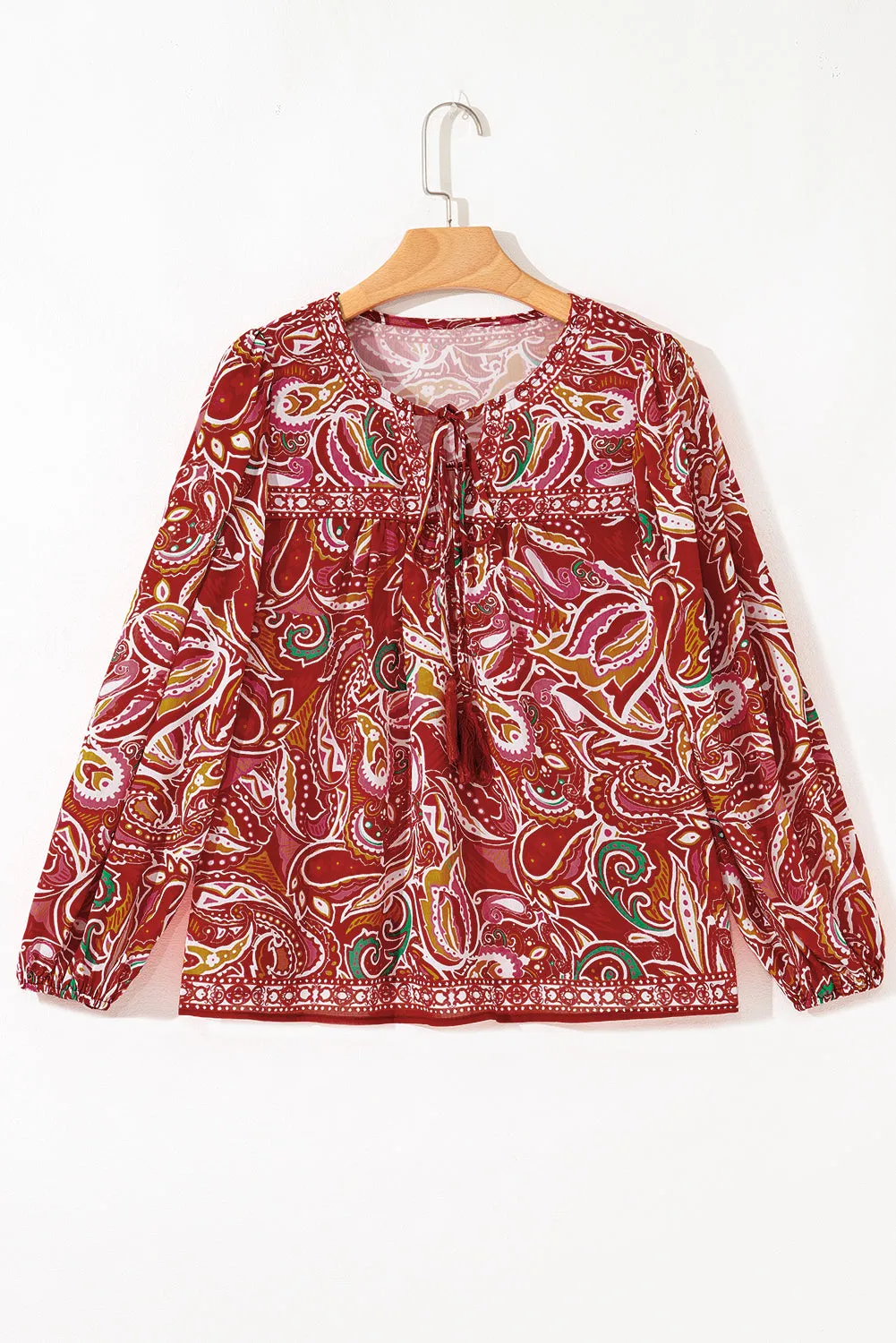 Multicolour Ethnic Paisley Print Tassel Tie Puff Sleeve Boho Blouse sold by Beagle Boutique