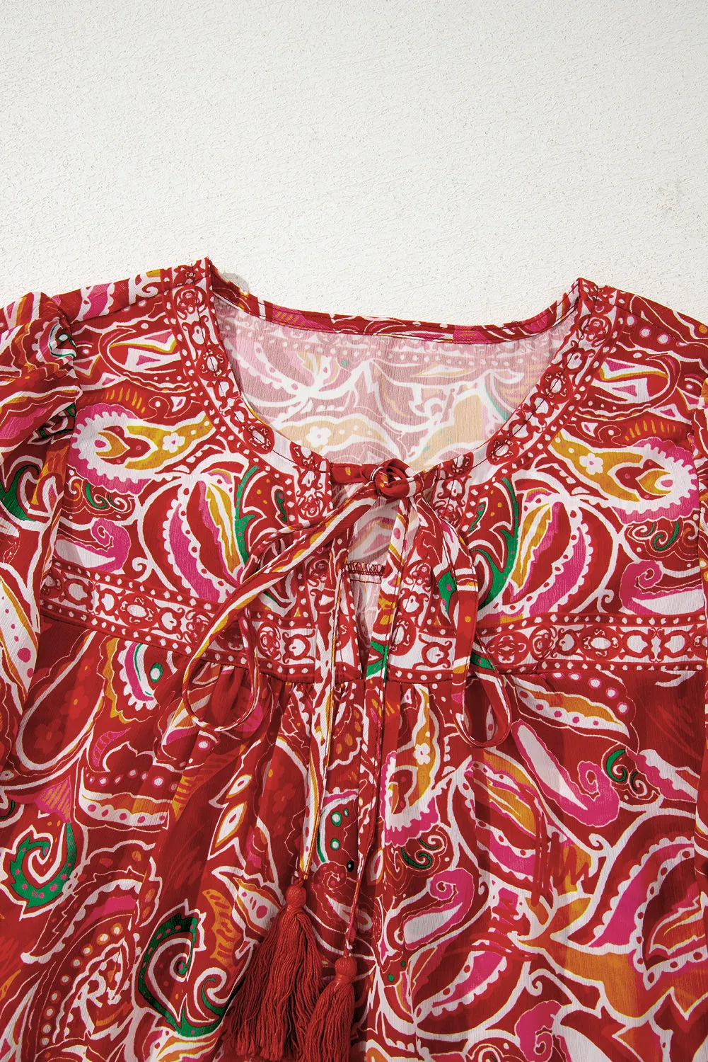 Multicolour Ethnic Paisley Print Tassel Tie Puff Sleeve Boho Blouse sold by Beagle Boutique product image thumbnail 3