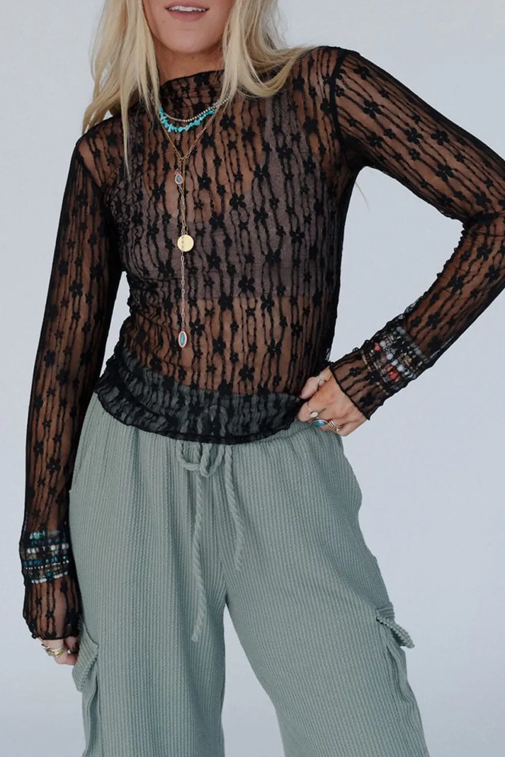 Sheer Floral Lace Long Sleeve Slim Fit Top sold by Beagle Boutique product image thumbnail 3