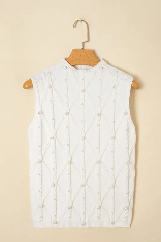 White Pearled High Neck Textured Knit Sweater Vest sold by Beagle Boutique