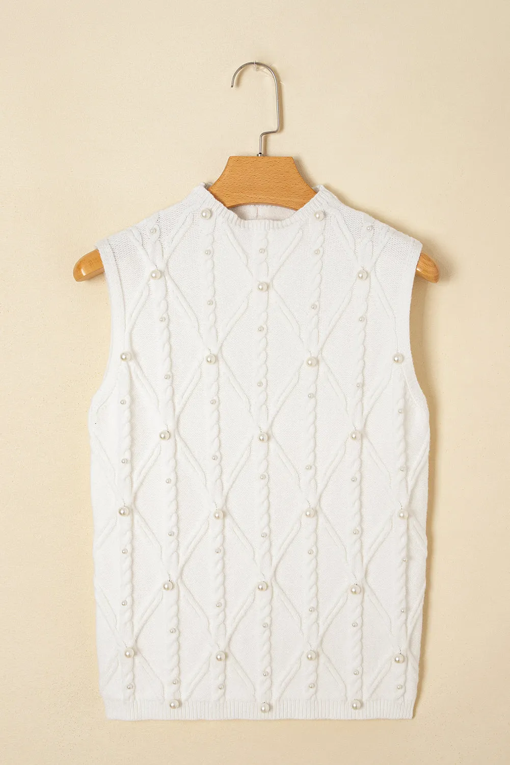 White Pearled High Neck Textured Knit Sweater Vest sold by Beagle Boutique
