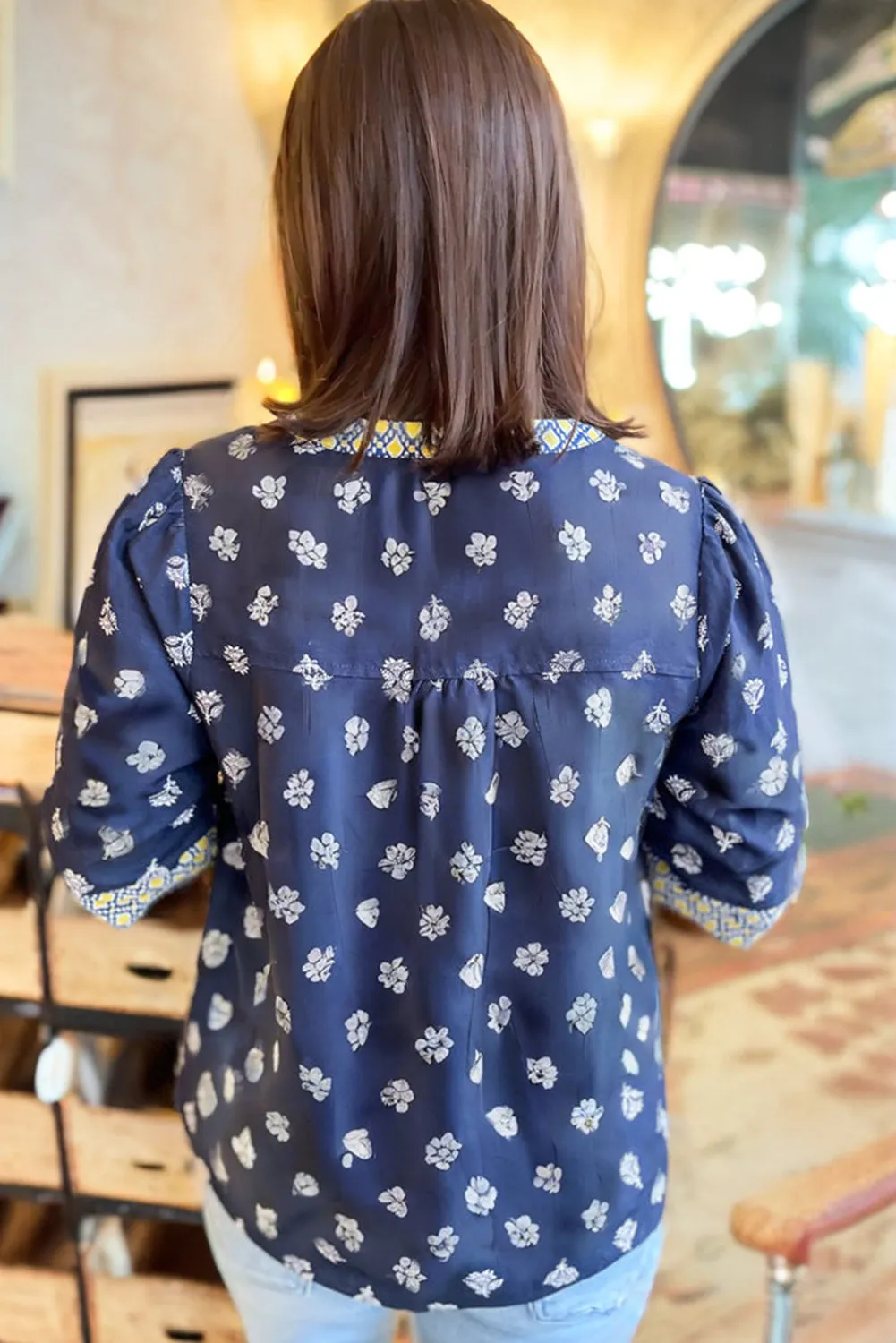 Blue Floral Print Half Sleeve Contrast Trim V Neck Blouse sold by Beagle Boutique product image thumbnail 2