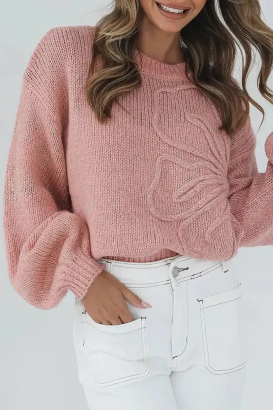 Peach Blossom Big Flower Accent Bubble Sleeve Drop Shoulder Sweater sold by Beagle Boutique