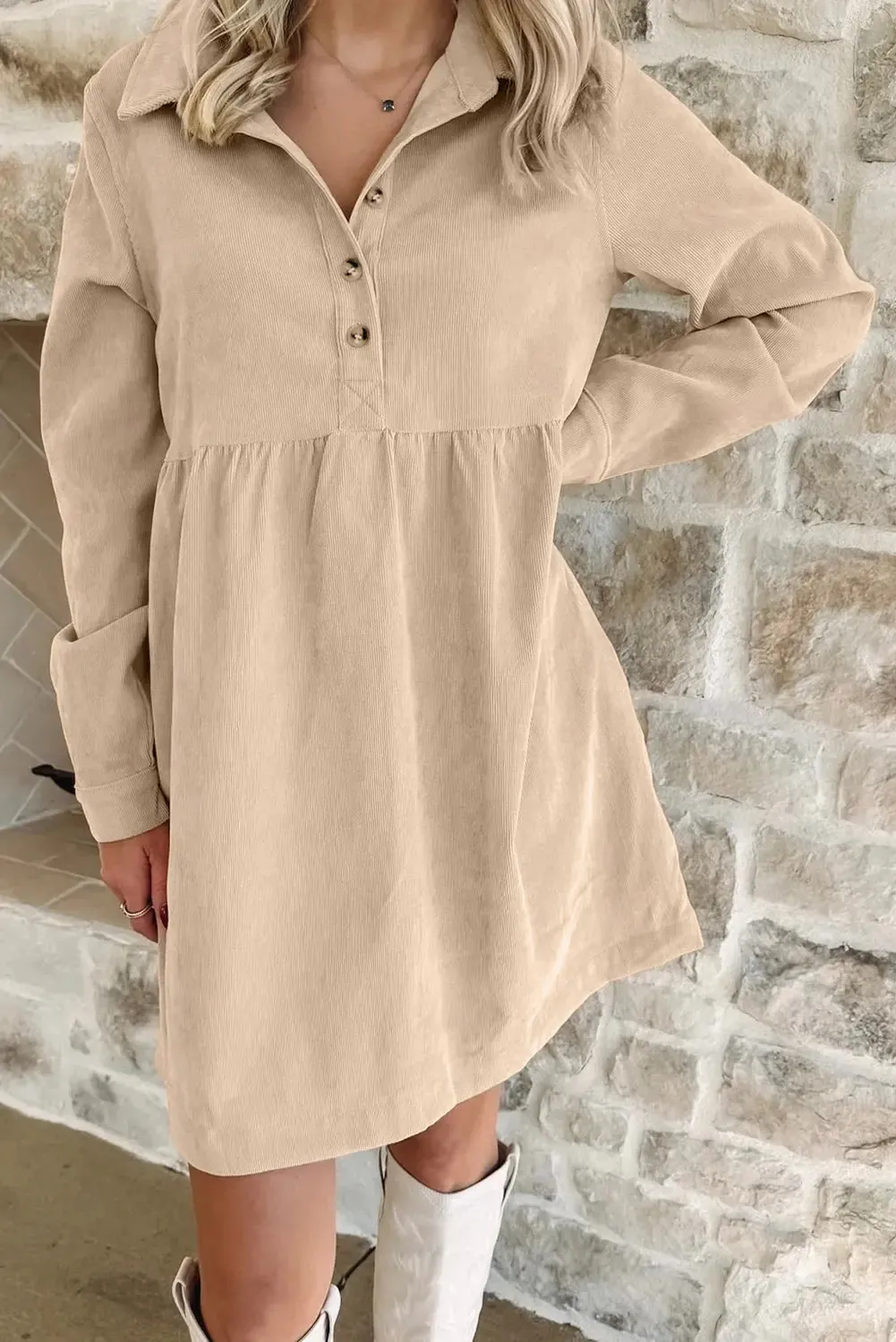 Soft Corduroy Half Button Collared Long Sleeve Mini Dress sold by Beagle Boutique