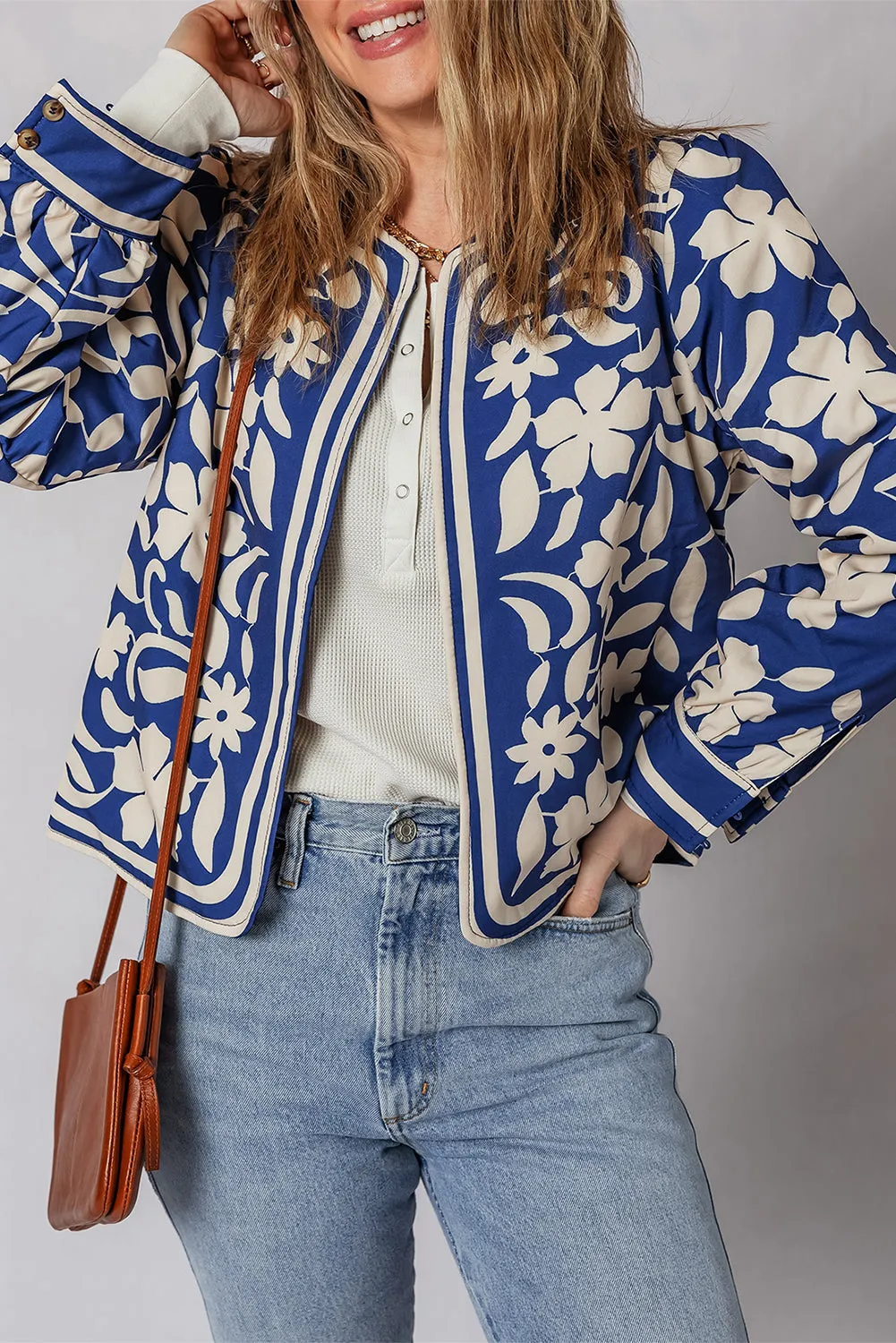 Blue Flower Print Open Front Buttoned Cuffs Elegant Jacket sold by Beagle Boutique