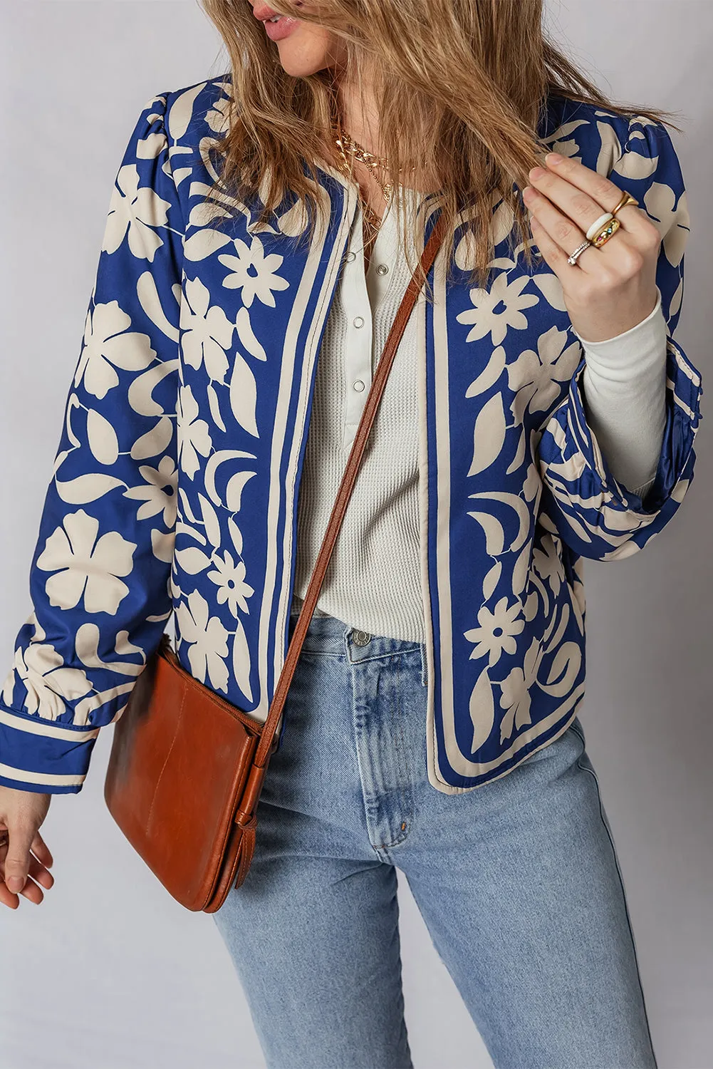 Blue Flower Print Open Front Buttoned Cuffs Elegant Jacket sold by Beagle Boutique product image thumbnail 4