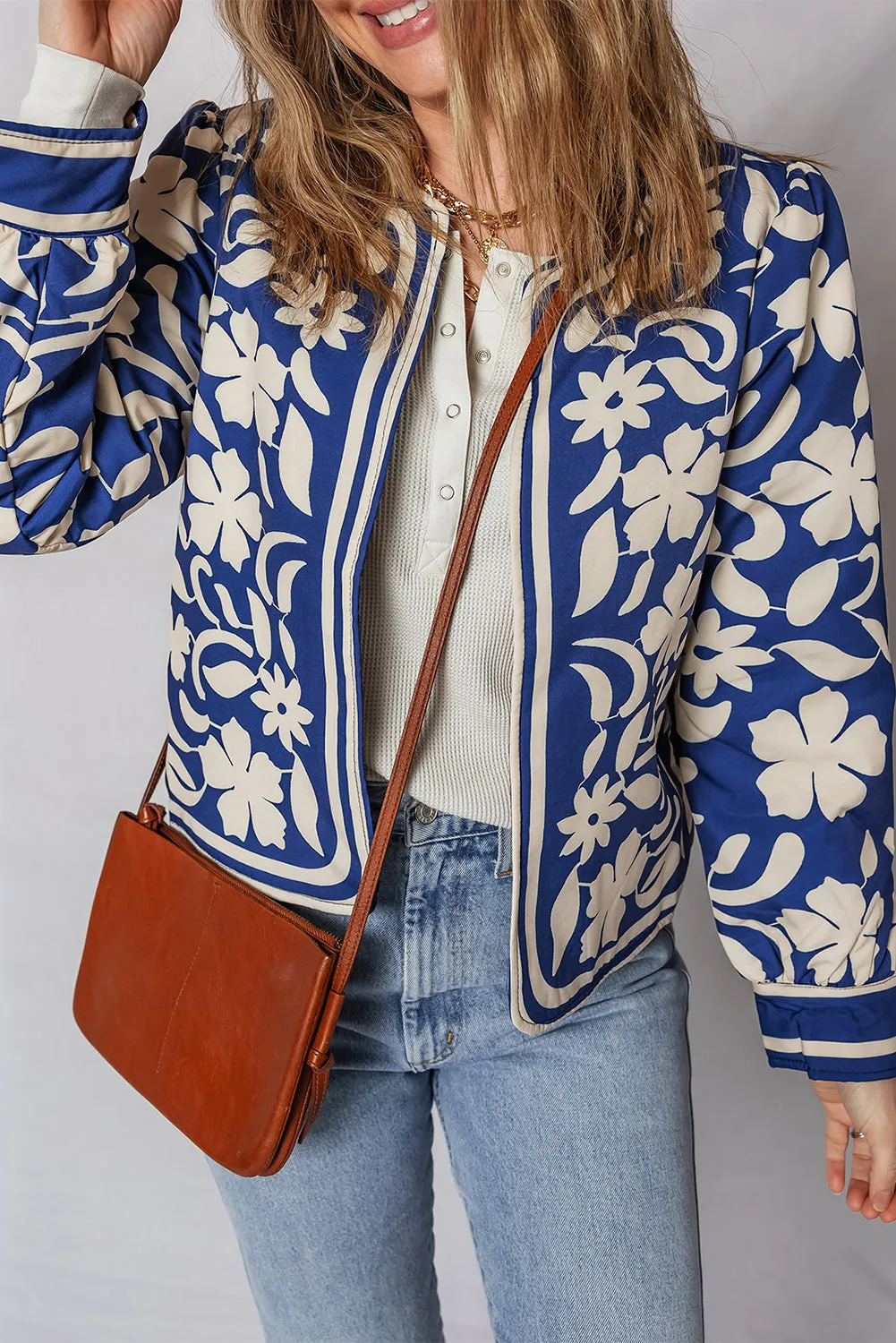 Blue Flower Print Open Front Buttoned Cuffs Elegant Jacket sold by Beagle Boutique product image thumbnail 5
