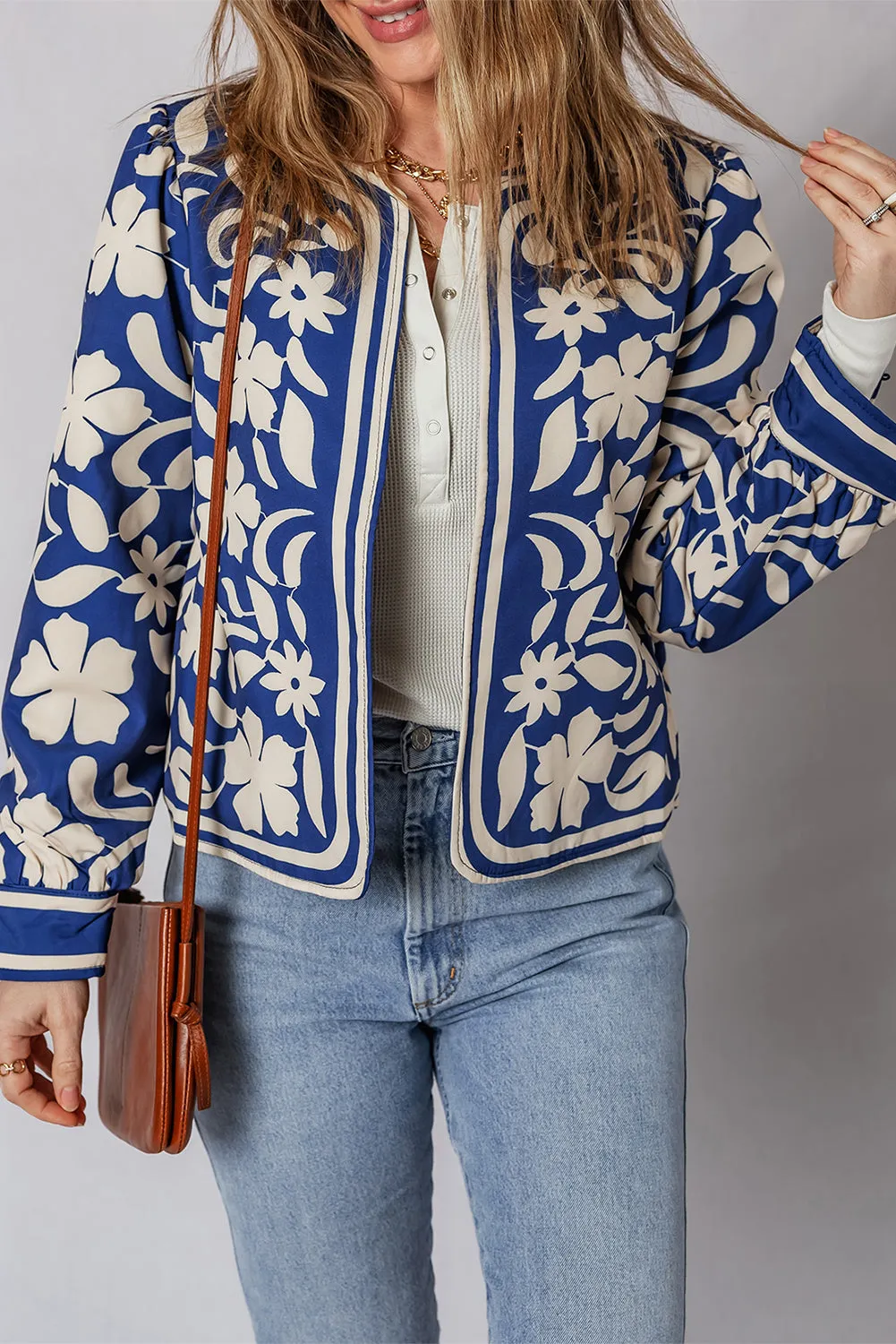 Blue Flower Print Open Front Buttoned Cuffs Elegant Jacket sold by Beagle Boutique product image thumbnail 3
